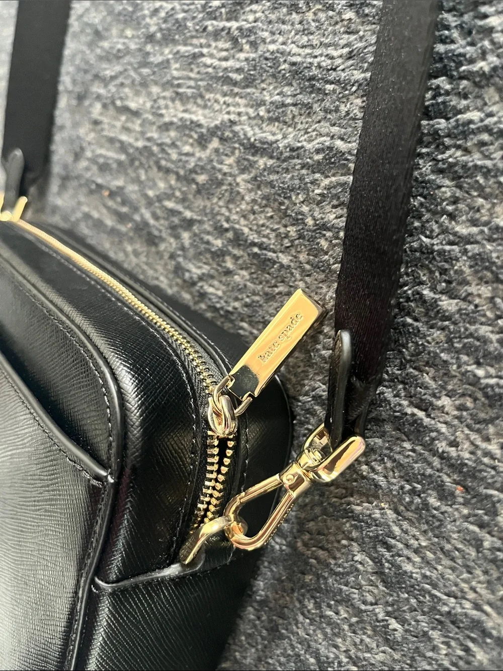 kate spade Black Pebbled Leather Crossbody Camera Bag with Gold Hardware